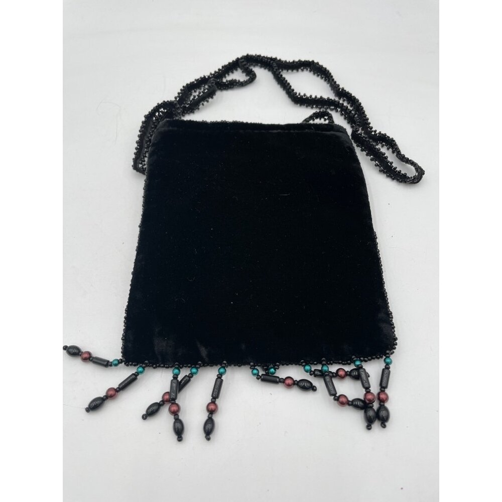 Black Velvet Beaded Crossbody Bag Floral Embroidery Fringe Accents 21" Strap Dro - Picture 5 of 5